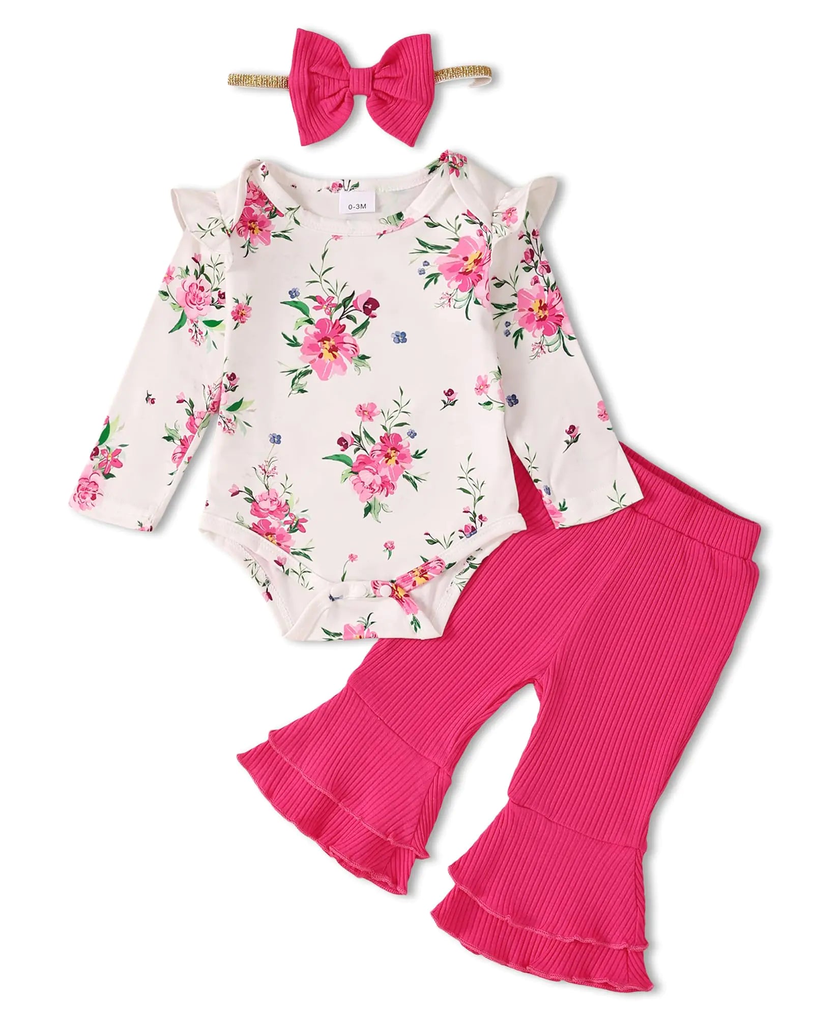 Mioglrie Toddler Girl Clothes 12 18 Month Girl Baby Fall Winter Infant Long Ruffle Sleeve Pink Floral Romper Flared Pants Headband 3PC Clothes Outfits Set