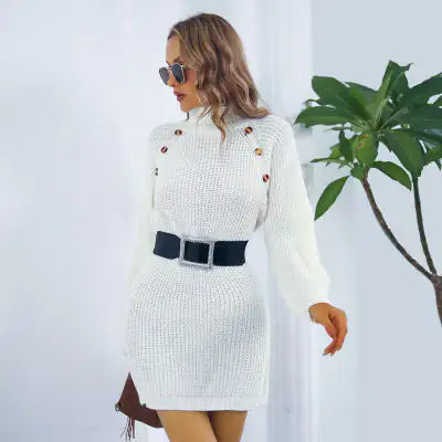 Chic Turtleneck Sweater Dress with Button Detail