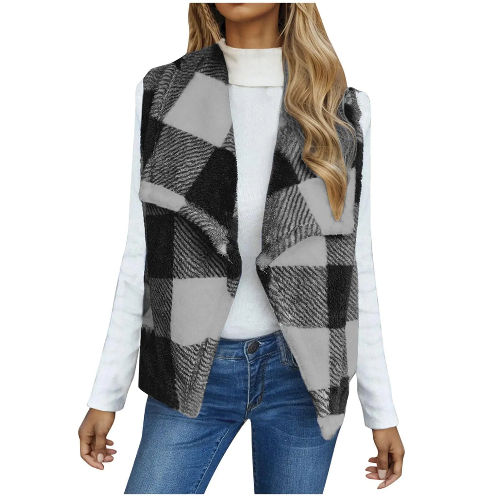 Women Fuzzy Winter Plaid Vest Full Zip Sherpa Fleece Jacket