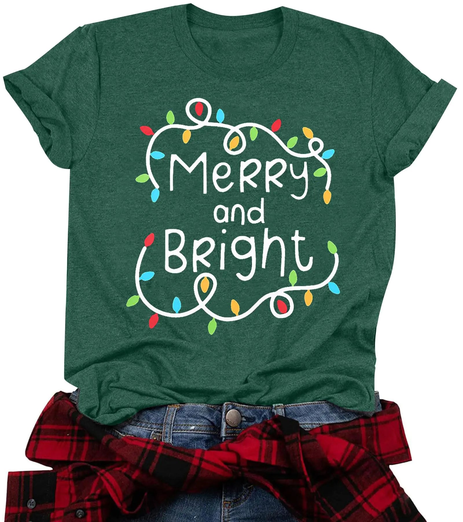 Merry and Bright Shirt Christmas Shirts for Women Xmas Lights Graphic Shirts Merry Christmas Holiday Tops