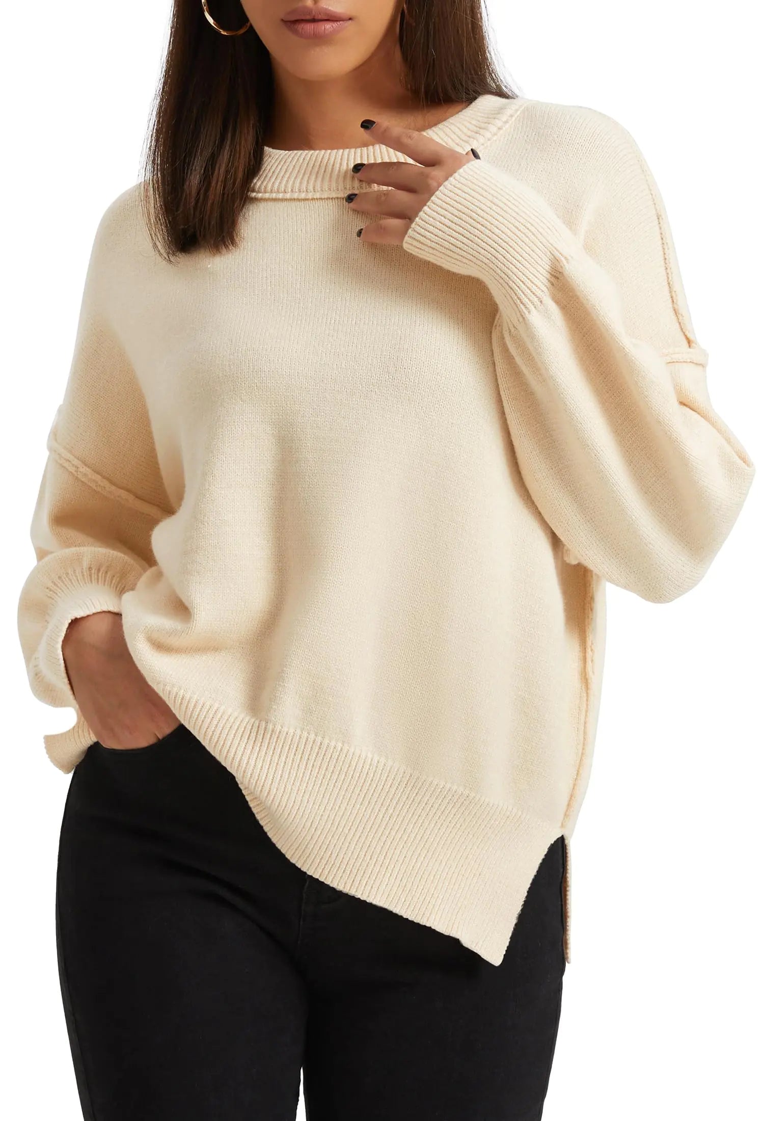 Koandaily Fall Sweaters for Women 2024 Long Sleeve Side Slit Sweater Top Crew Neck Sweaters Pullover Sweaters Apricot M