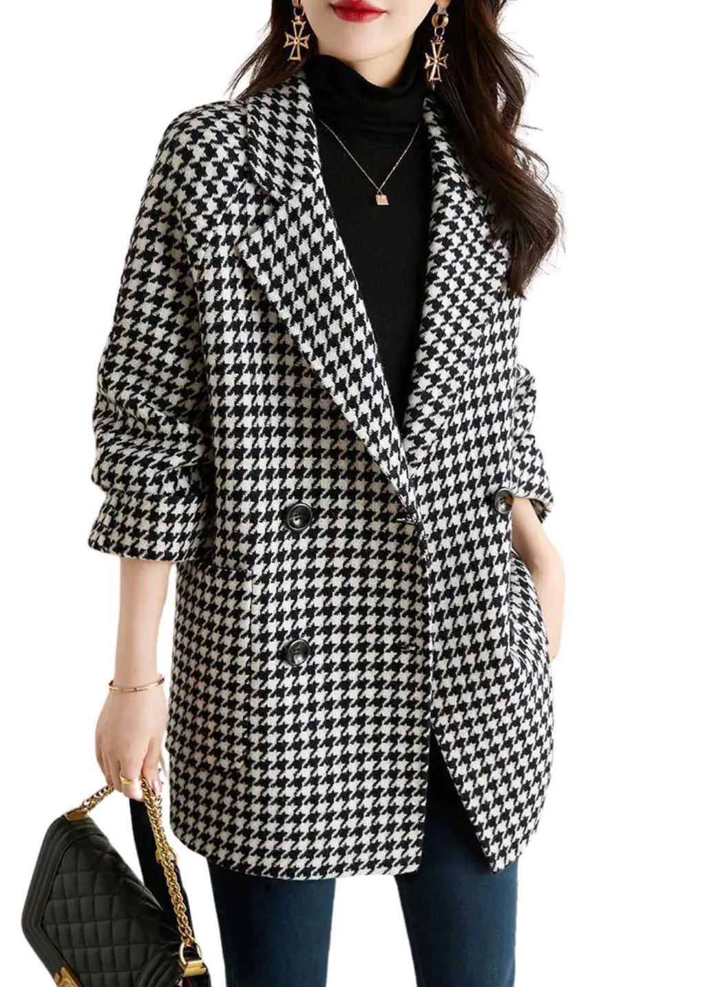 utcoco Women's Houndstooth Wool Blazer Pea Coat XXL Black