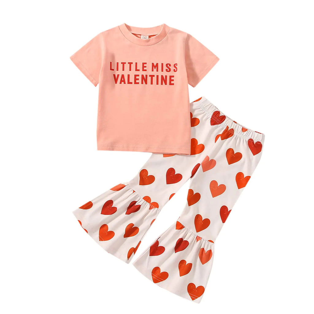 FYBITBO Toddler Baby Girl Valentines Day Outfit Little Miss Short Sleeve Tee Shirt Top Heart Bell Pants Spring Clothes (Heart print pink12-18 Months)