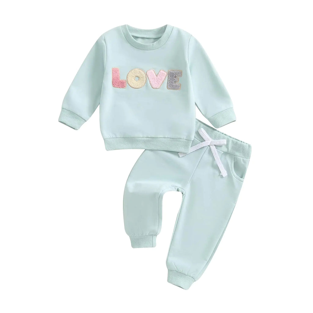 Adobabirl Toddler Baby Girl Clothes Embroidery Letter Print Crewneck Sweatshirt and Pants Set Fall Winter Spring Outfits (Valentines Day Love-Blue 12-18 Months)