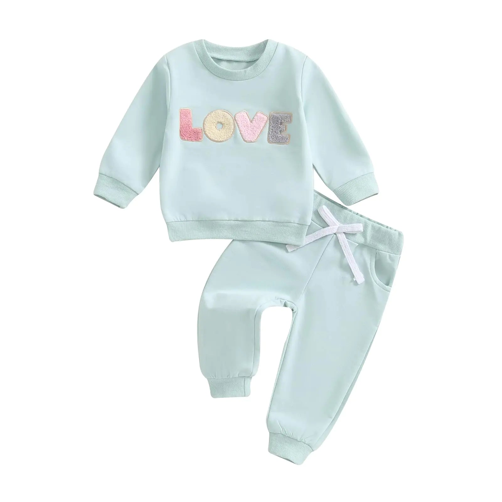 Adobabirl Toddler Baby Girl Clothes Embroidery Letter Print Crewneck Sweatshirt and Pants Set Fall Winter Spring Outfits (Valentines Day Love-Blue 12-18 Months)