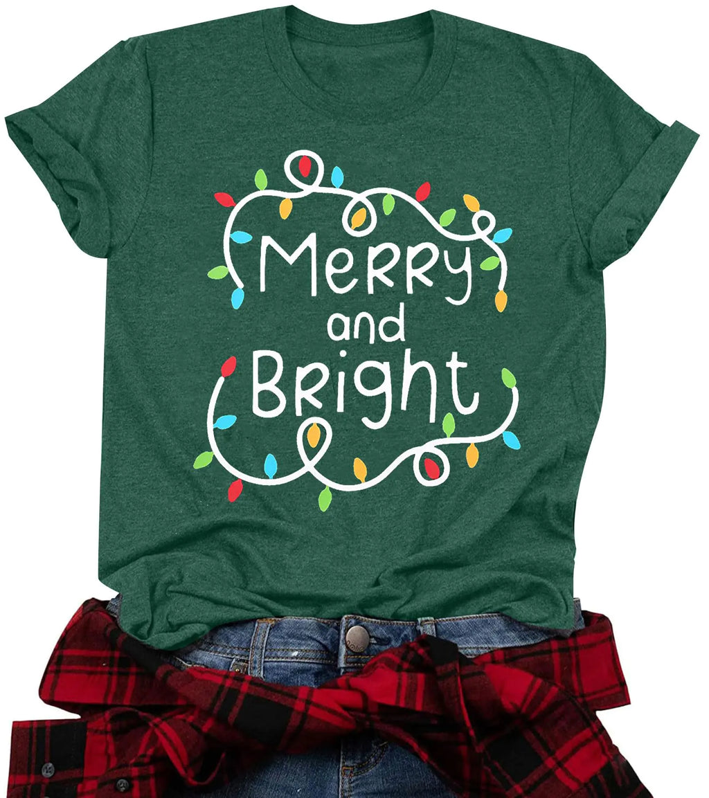 Merry and Bright Shirt Christmas Shirts for Women Xmas Lights Graphic Shirts Merry Christmas Holiday Tops