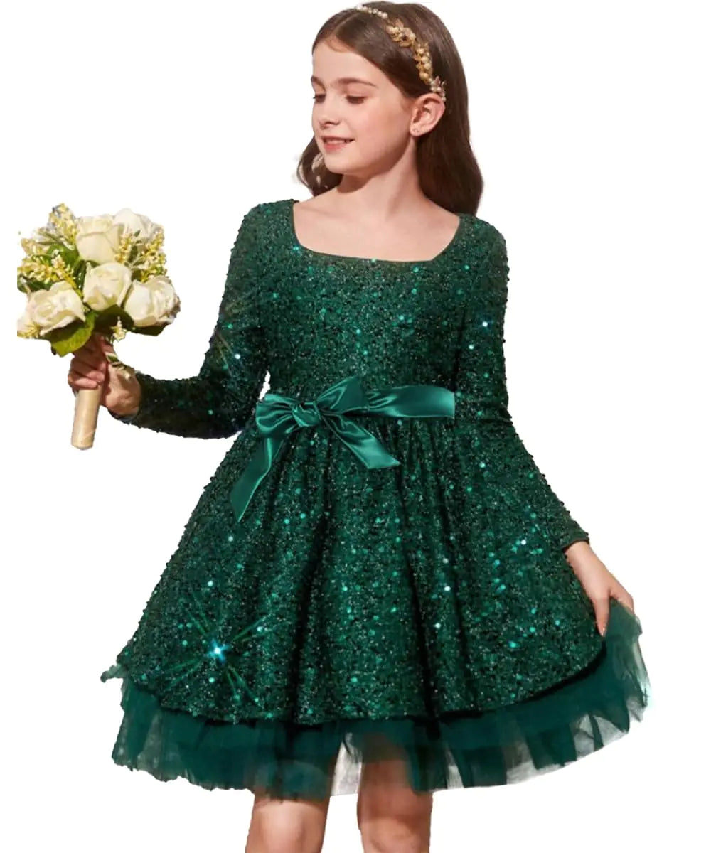 ABAO SISTER Sequin Flower Girl Dress Kids Party Birthday Christmas Dresses (Size 2Dark Green)