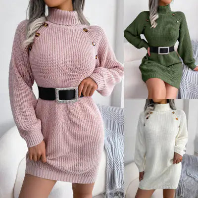 Chic Turtleneck Sweater Dress with Button Detail
