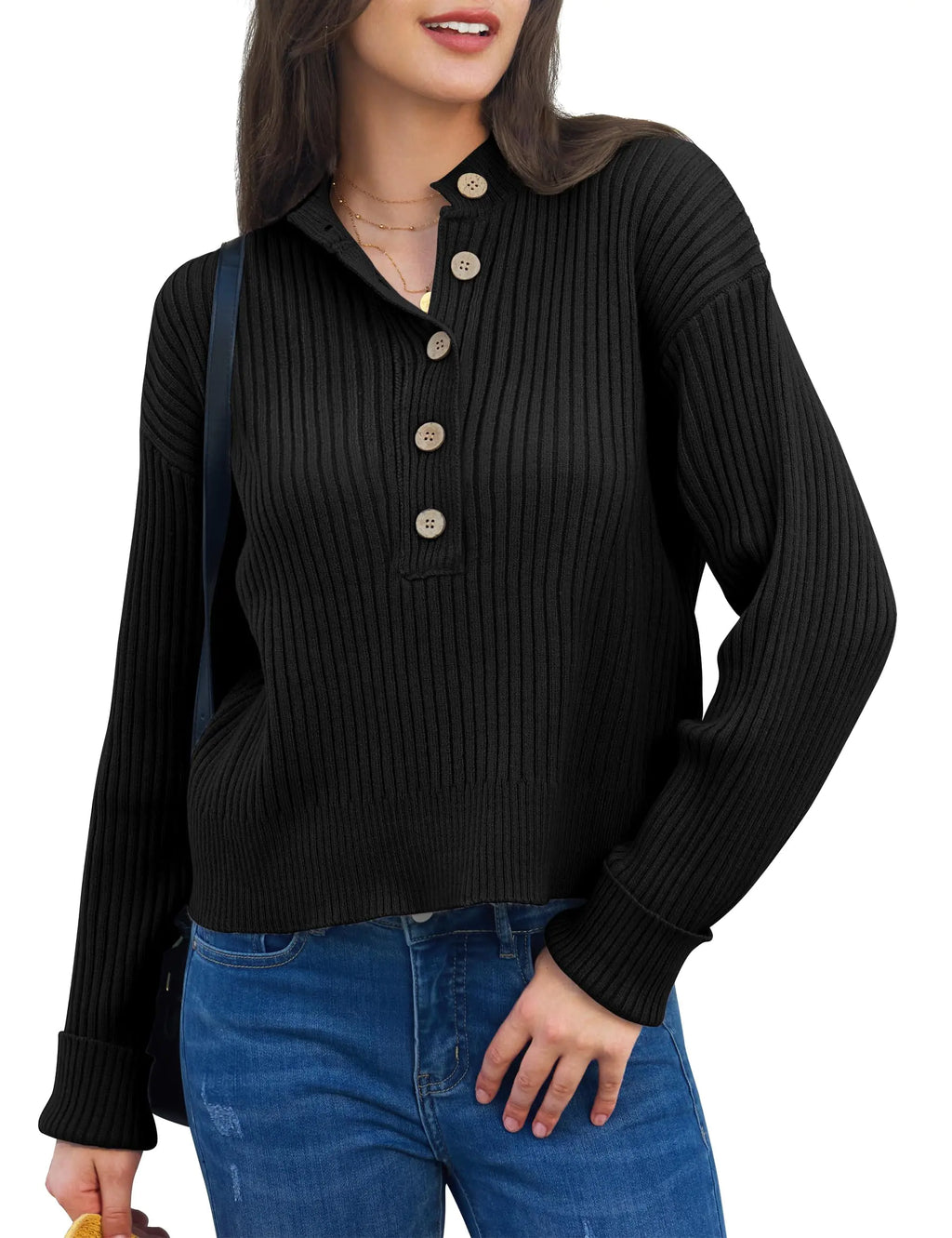 TQD Sweaters for Women Fall Pullover Sweater Long Sleeve Button Down Casual Sweater for Women 2024(BlackM)