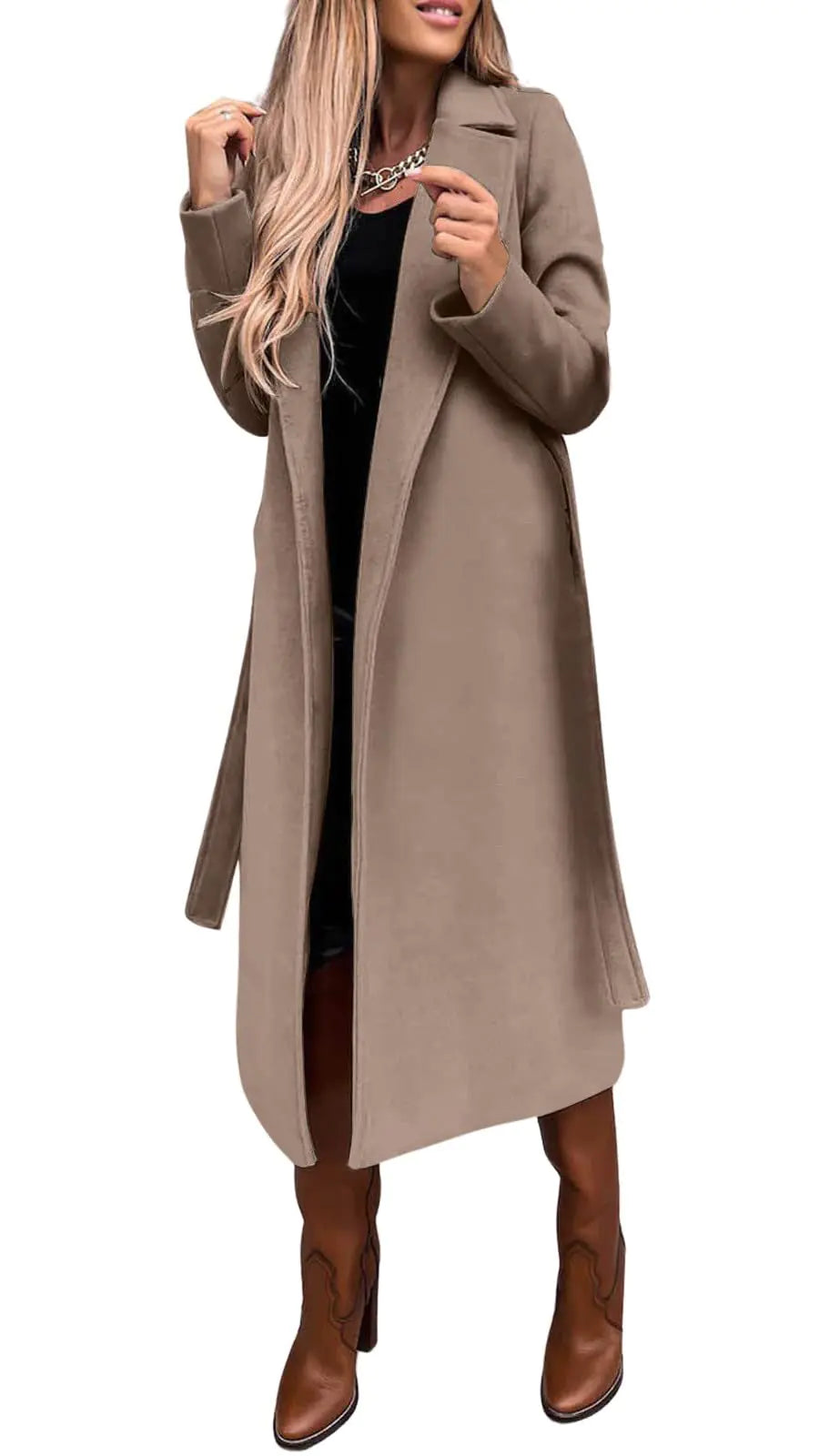 utcoco Elegant Long Wool Pea Coat with Belt (Medium Khaki)