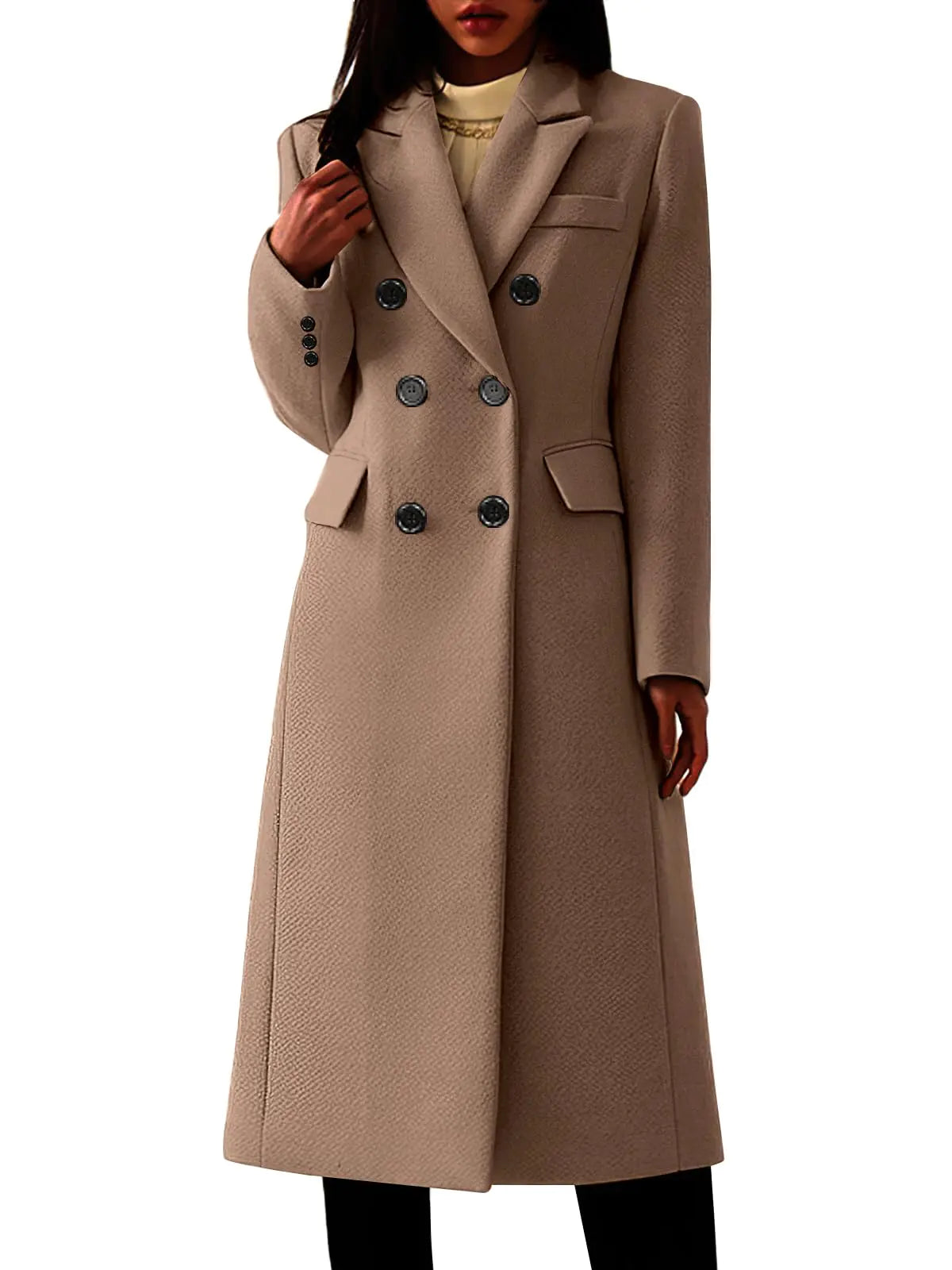 Leyoutx Classic Double-Breasted Wool-Blend Pea Coat (Medium Khaki)