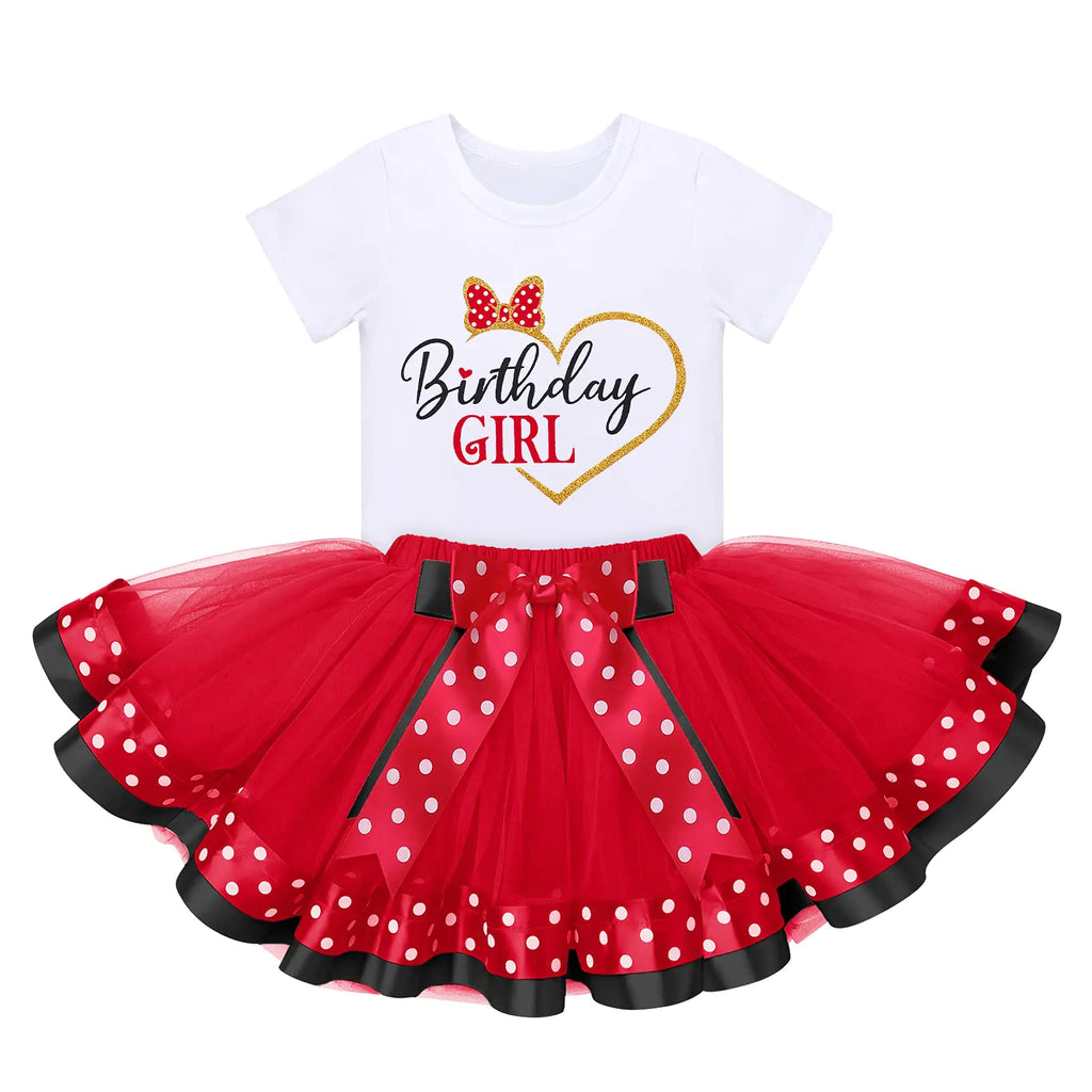 Baby Toddler Princess Birthday Shirt Top+Polka Dot Tutu Skirt+Mouse Ears Headband 3PCS Clothes Set for Cake Smash Photo Dress Costume Red Birthday Girl Heart 5 Years