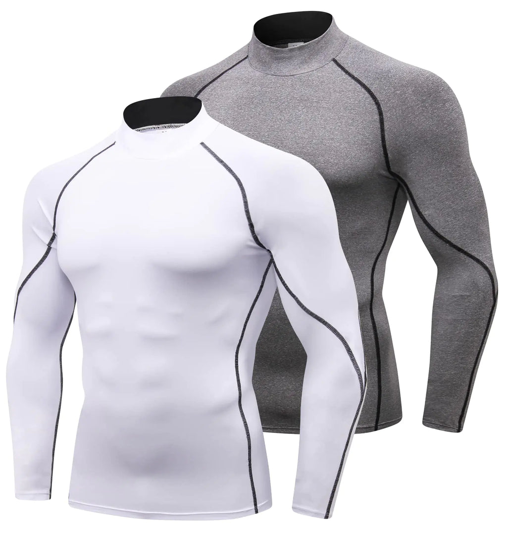 2 Pack Mens Compression Shirts Long Sleeve Workout Shirts Mock Turtleneck Athletic Base Layer Active Undershirts Tops